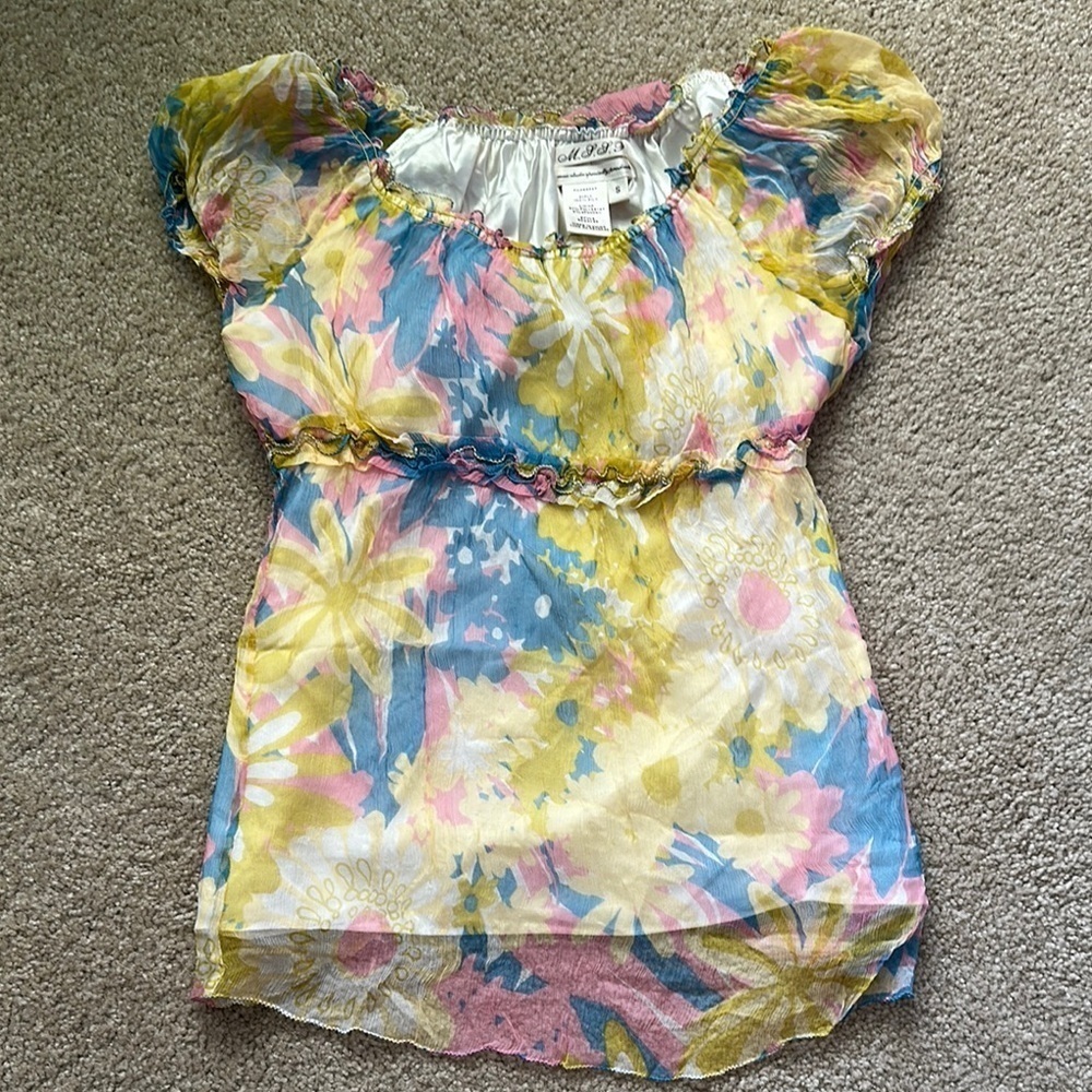 Vintage 100% Silk Pastel Top Floral Boho Women’s Small Fairycore Coquette Y2K